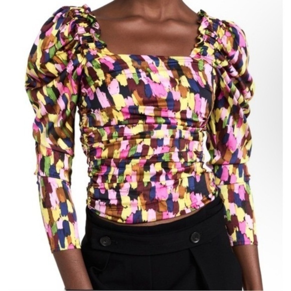 Brogger Loretta Puff Sleeve Blouse Ruched Square Neck Multicolor Top Sz XS NWT